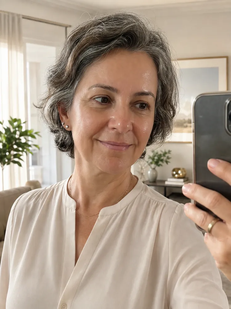 Márcia sorrindo na sala de casa